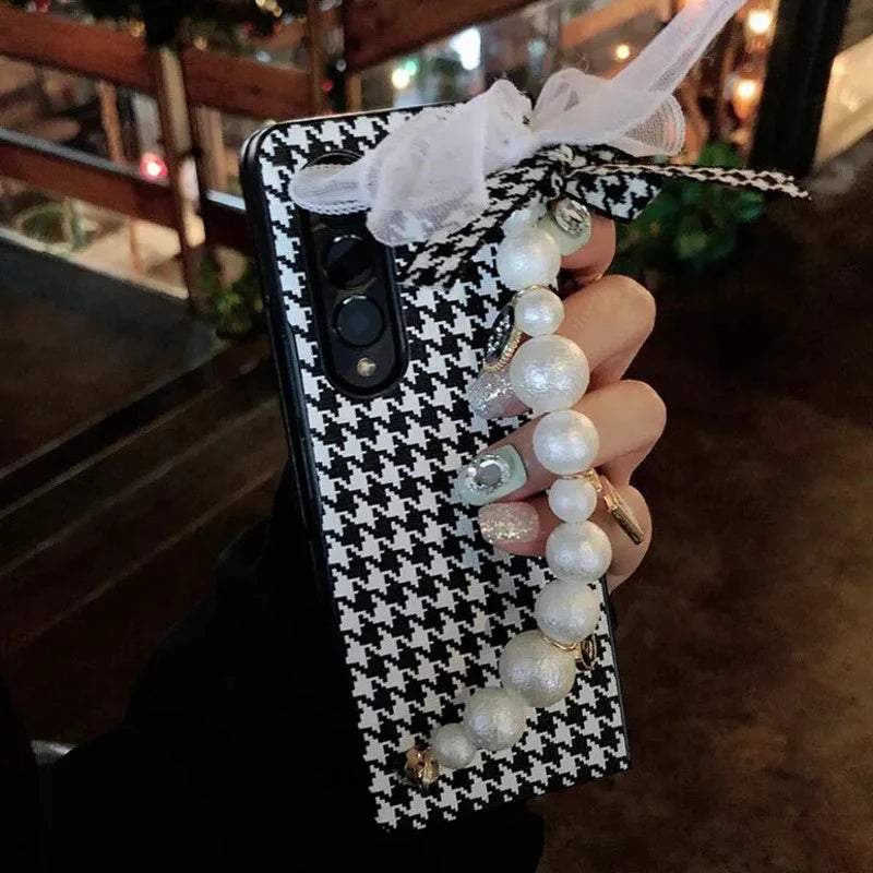 Galaxy Z Fold4 Elegant PU Leather Houndstooth Pattern Case