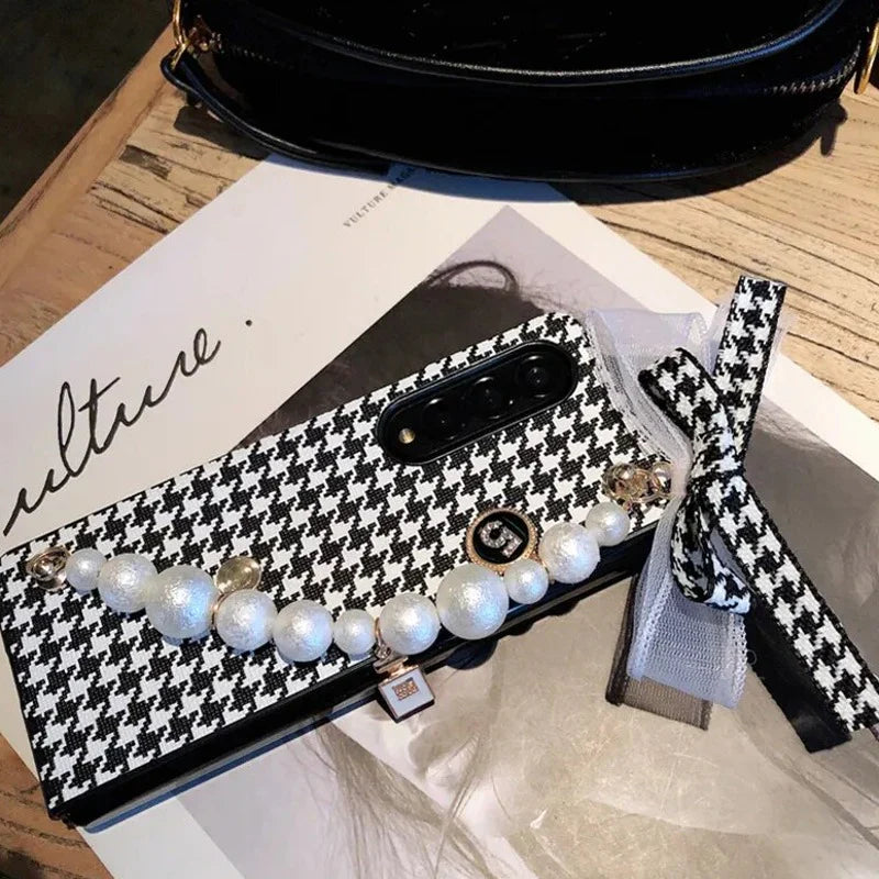 Galaxy Z Fold4 Elegant PU Leather Houndstooth Pattern Case