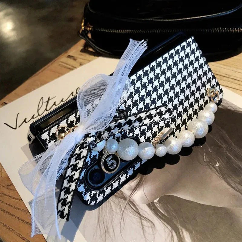 Galaxy Z Fold4 Elegant PU Leather Houndstooth Pattern Case