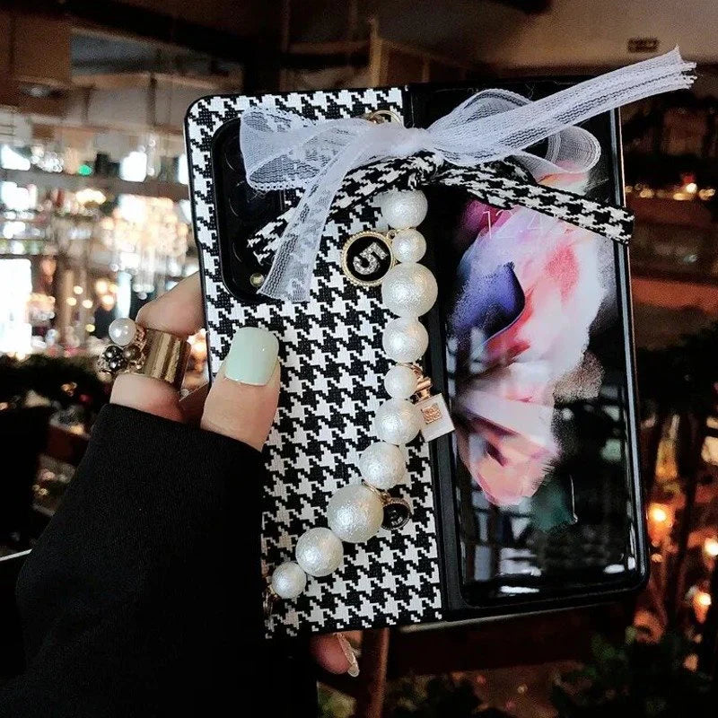 Galaxy Z Fold4 Elegant PU Leather Houndstooth Pattern Case