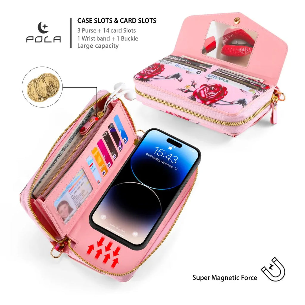 Flower Embellished Zipper Purse and Wallet Duo Case - iPhone