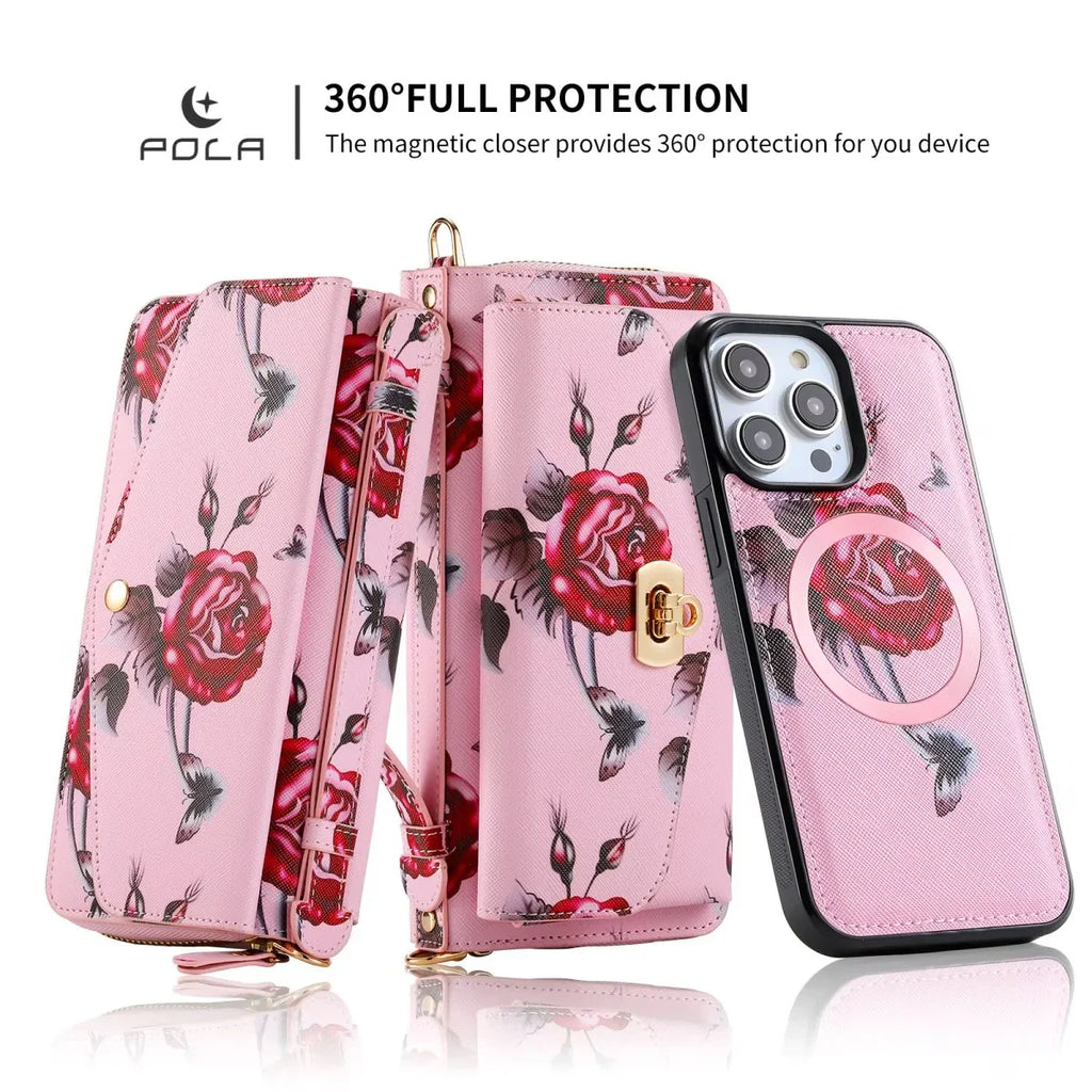 Flower Embellished Zipper Purse and Wallet Duo Case - iPhone