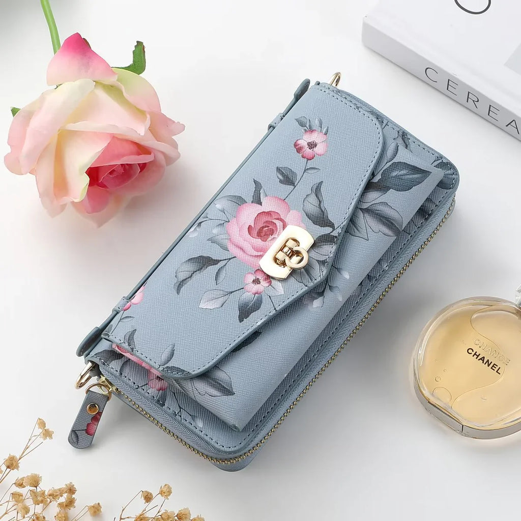 Flower Embellished Zipper Purse and Wallet Duo Case - iPhone