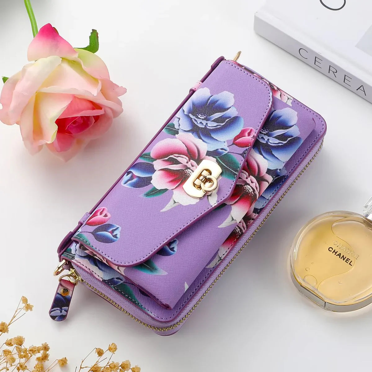 Flower Embellished Zipper Purse and Wallet Duo Case - Samsung