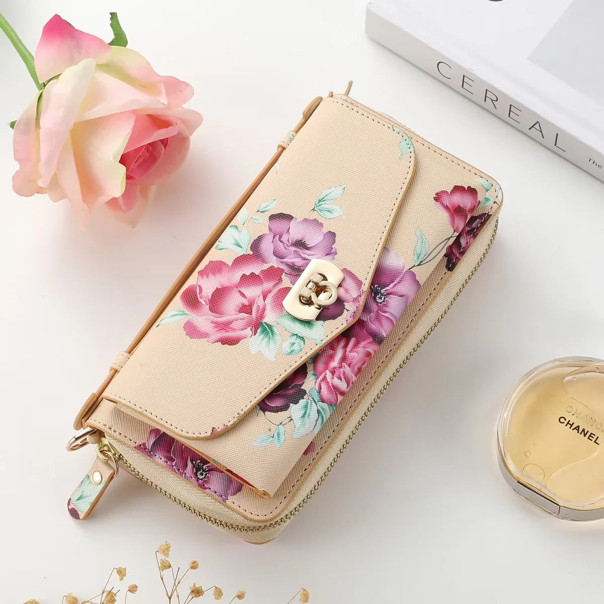 Flower Embellished Zipper Purse and Wallet Duo Case - Samsung