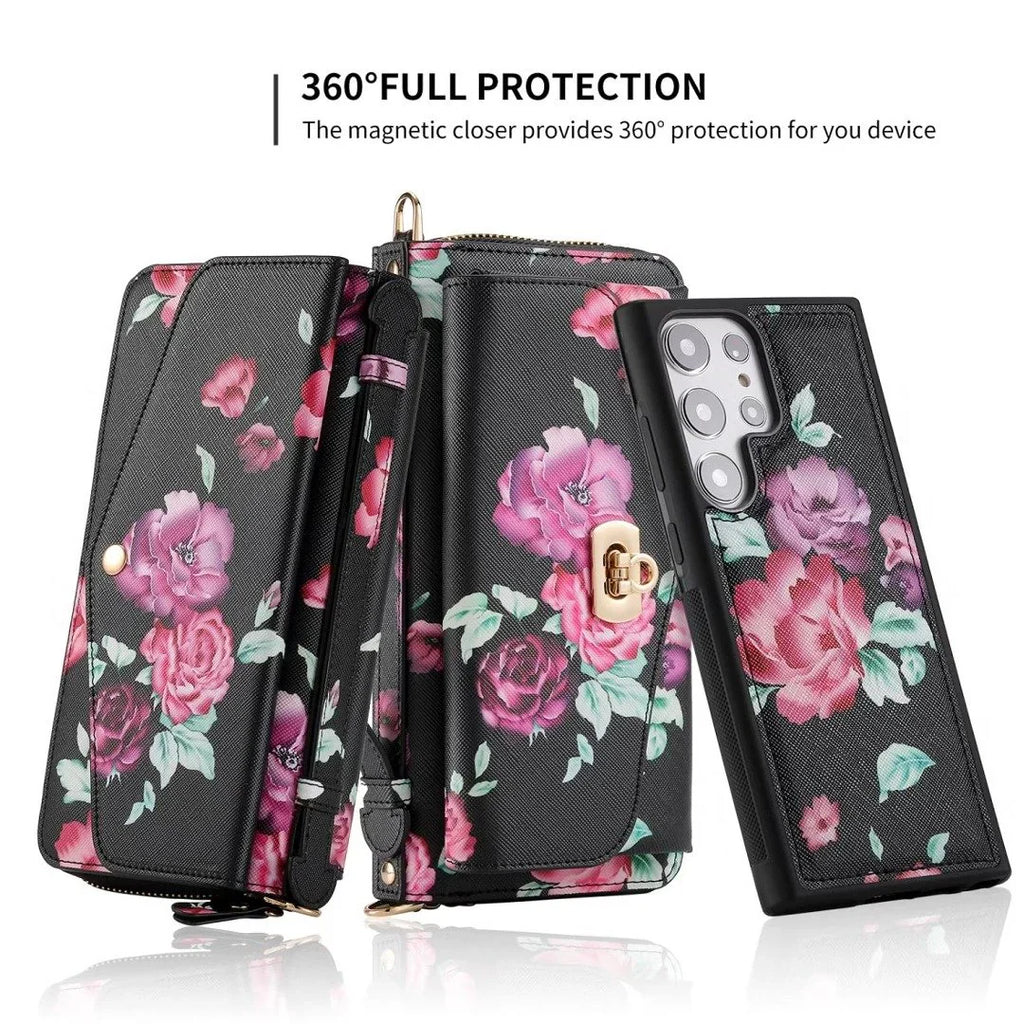 Flower Embellished Zipper Purse and Wallet Duo Case - Samsung