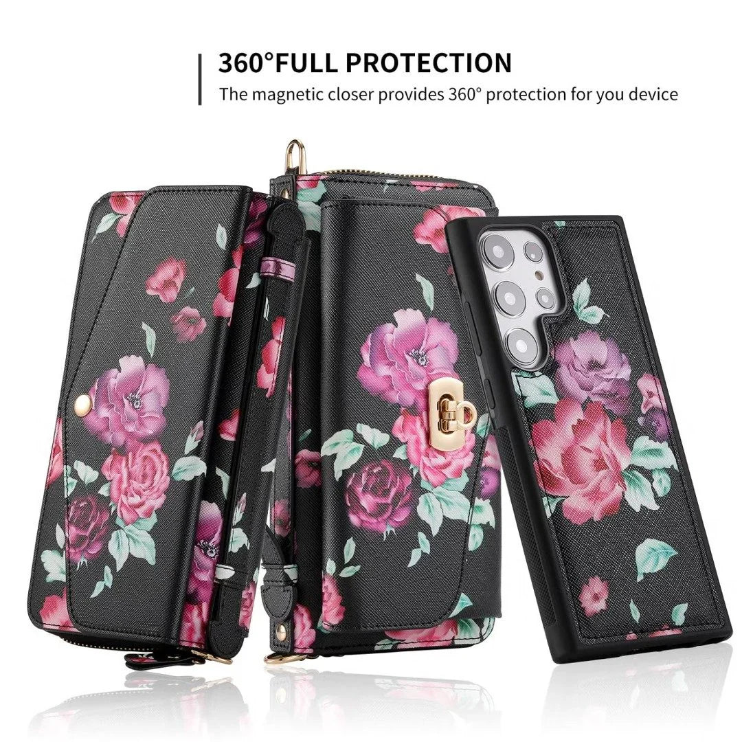 Flower Embellished Zipper Purse and Wallet Duo Case - Samsung