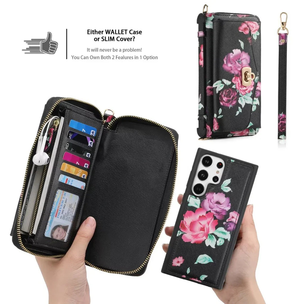 Flower Embellished Zipper Purse and Wallet Duo Case - Samsung
