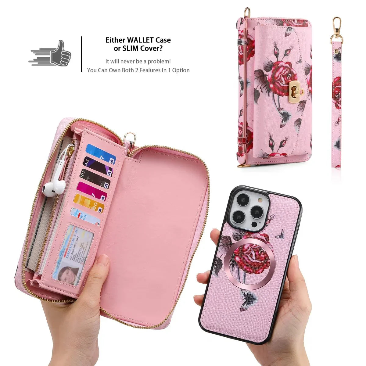 Flower Embellished Zipper Purse and Wallet Duo Case - iPhone
