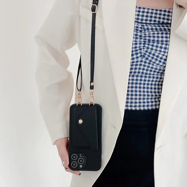 Luxury Leather Wallet Phone Case with Crossbody Strap