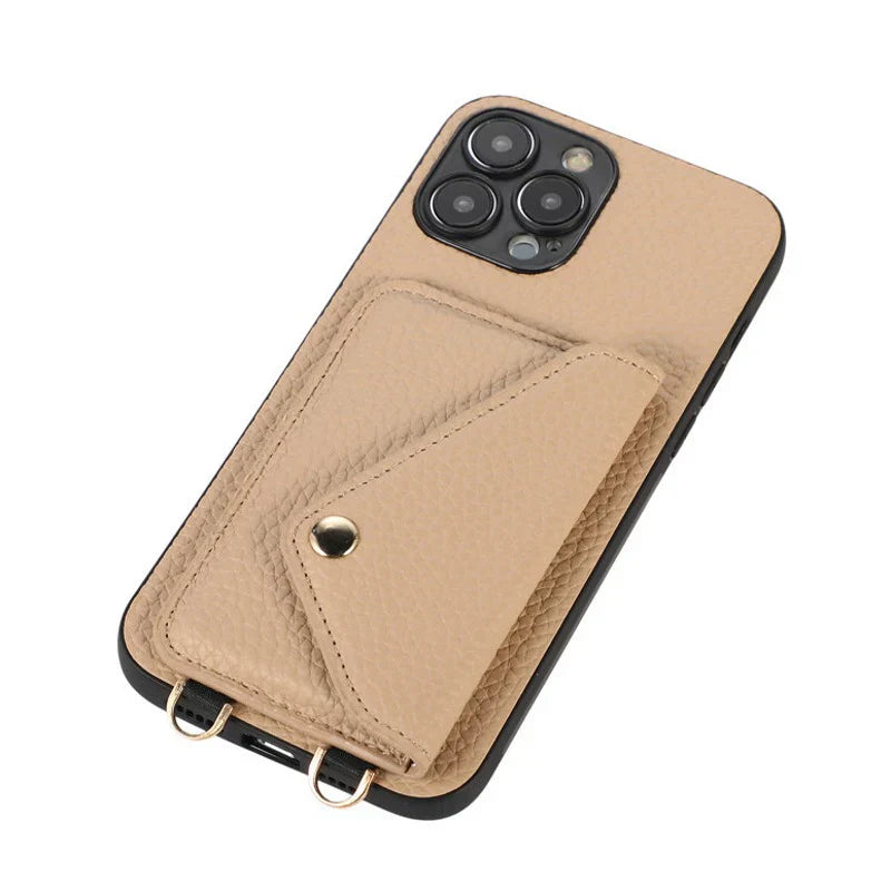 Luxury Leather Wallet Phone Case with Crossbody Strap