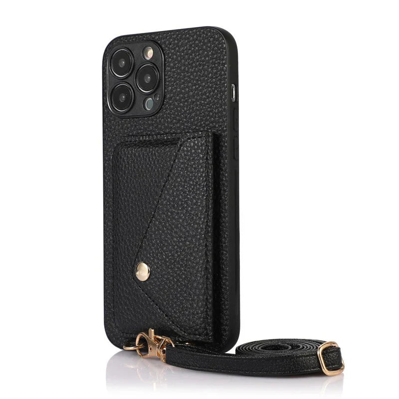 Luxury Leather Wallet Phone Case with Crossbody Strap