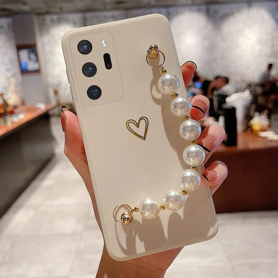 Soft Silicone Heart Print With Pearl Bracelet Case - Samsung